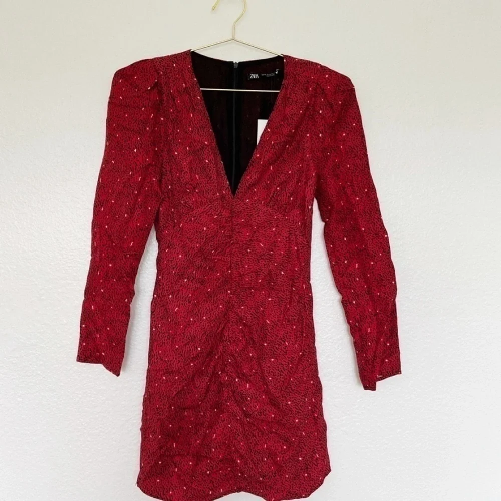 ZARA Plunging Neck Slight Ruched Long Sleeve Mini Dress SZ XS NWT - Picture 5 of 7